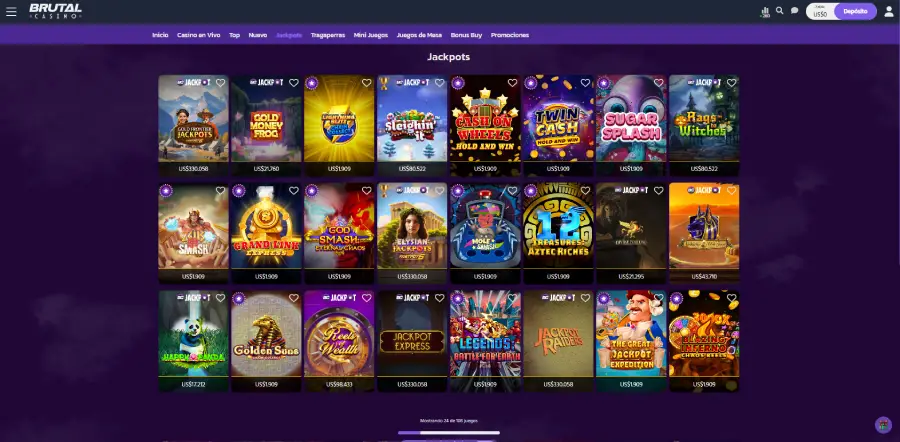 La sección de jackpots de Brutal Casino hace público el valor actual del pago máximo de sus juegos.