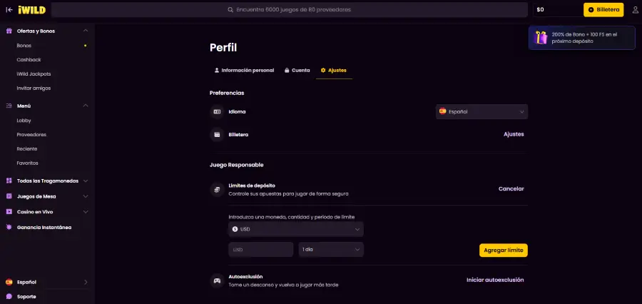 En iWild puedes establecer límites de depósito.