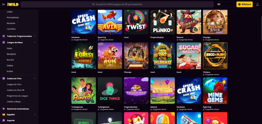 El catálogo de juegos de iWild incluye juegos tipo crash.