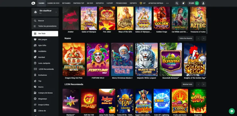 El área de juegos de Leon Casino es fácil de navegar y viene con distintas categorías en su menú lateral izquierdo.