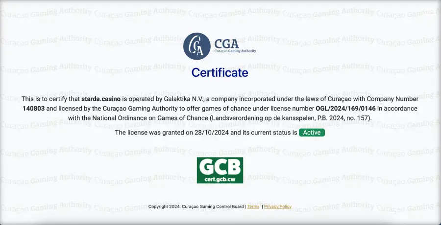Licencia del casino Starda. 