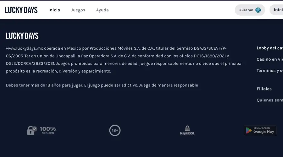 Pie de página del dominio ".mx" de Lucky Days Casino.
