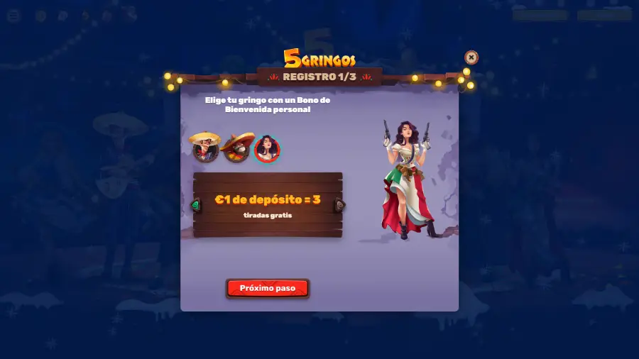 En el proceso de registro de 5Gringos Casino se puede elegir uno de sus llamativos personajes, cada uno con bonos de bienvenida diferentes