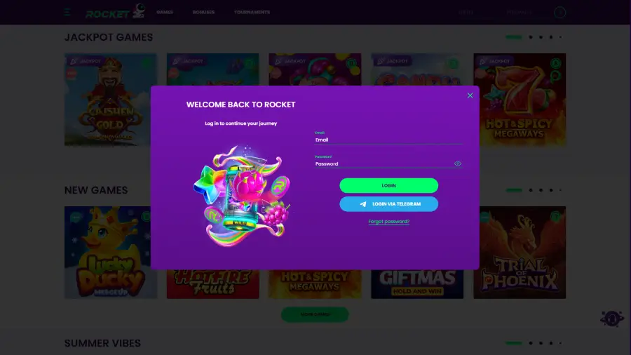 Casino Rocket tiene un proceso de registro sencillo y también se puede autocompletar con una cuenta de Telegram