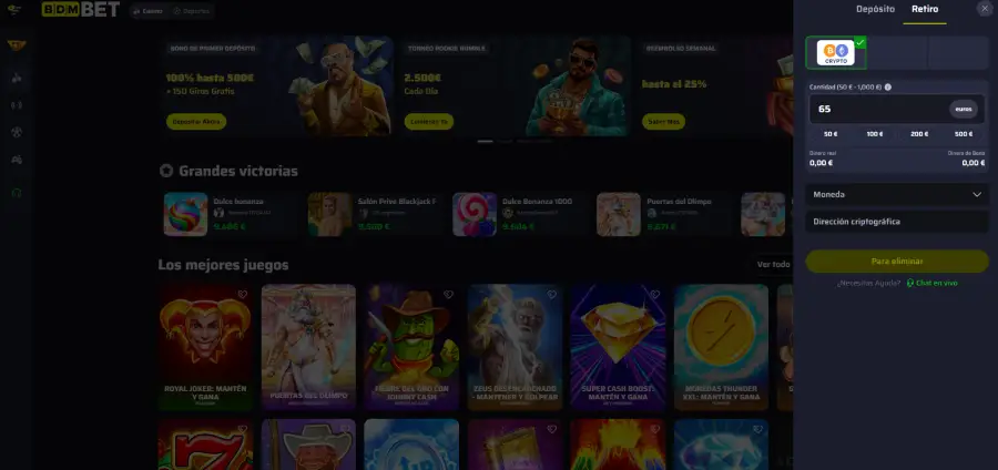 BDMbet únicamente permite retiros con criptomonedas.