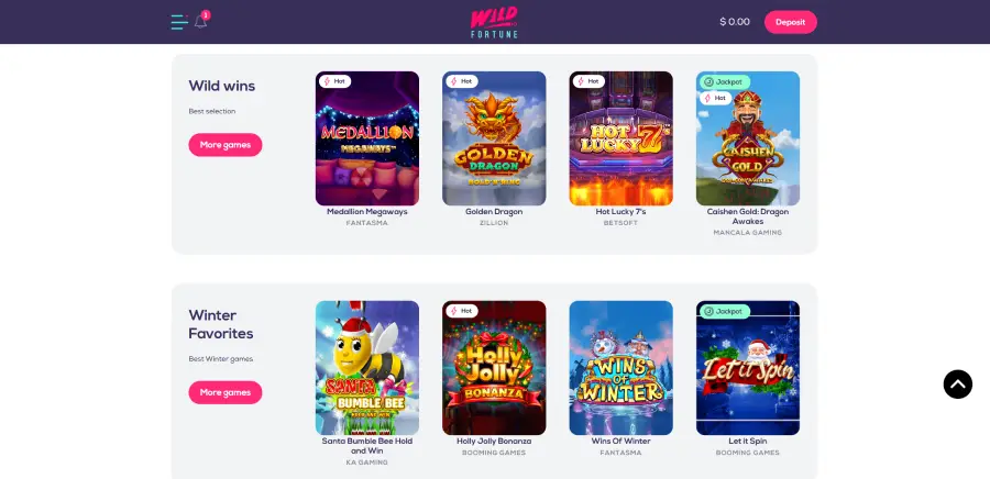 Wildfortune.io ofrece más de 9,000 juegos, los cuales están bien categorizados, como puedes ver en la imagen.