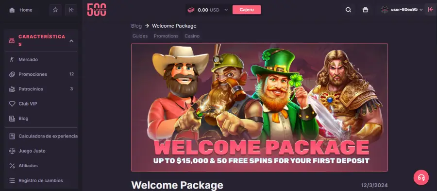 Bono de bienvenida de 500 Casino.