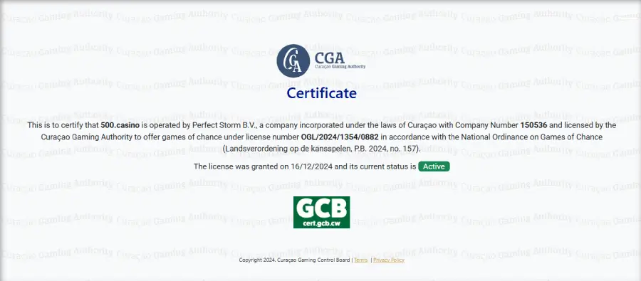 Licencia de 500 Casino emitida por Curaçao Gaming Control Board.