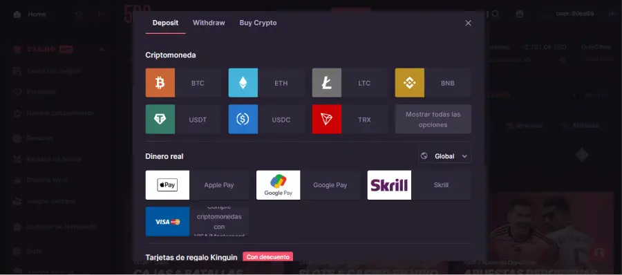 Métodos de pago de 500 Casino.