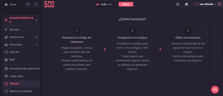 Puedes ganar comisiones extra con el programa de referidos de 500 Casino.