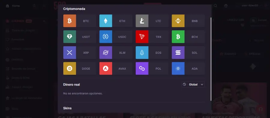 500 Casino solo permite retiros con criptomonedas.