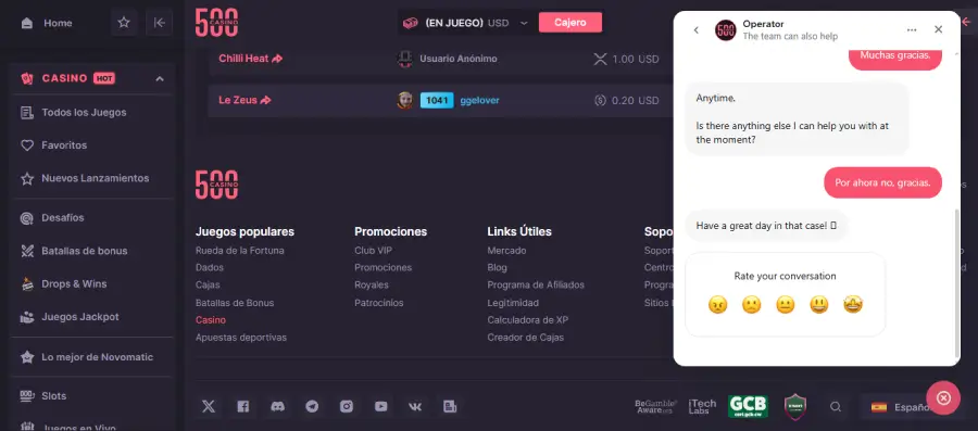 Chat en vivo de 500 Casino.