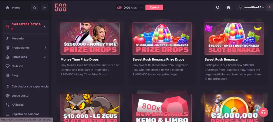 Las promociones de 500 Casino incluyen variedad de torneos.