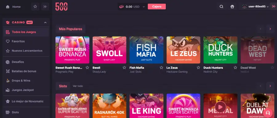 Sección de tragamonedas de 500 Casino.