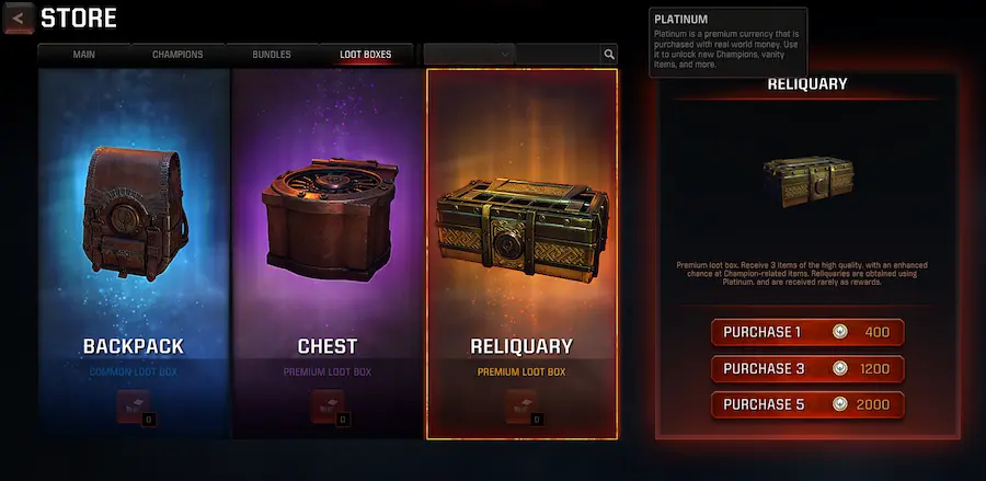 El sistema de cajas de botín de Quake Champions, con los precios de las cajas de pago ocultos detrás de una confusa moneda "secundaria".