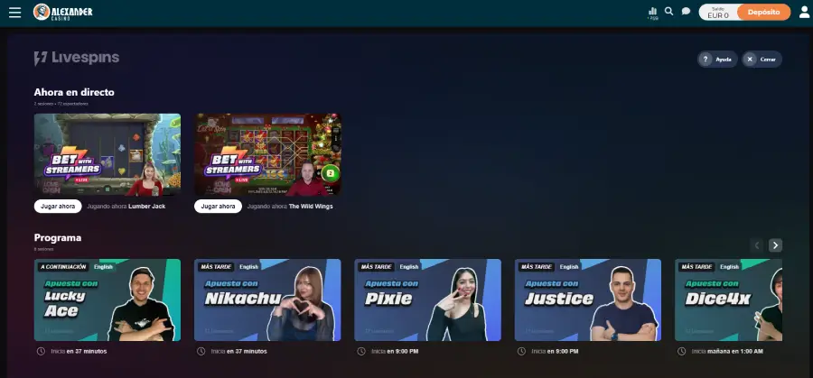Alexander Casino tiene una sección llamada “Livespins”, que consiste en una transmisión en vivo con diferentes streamers jugando a las tragamonedas