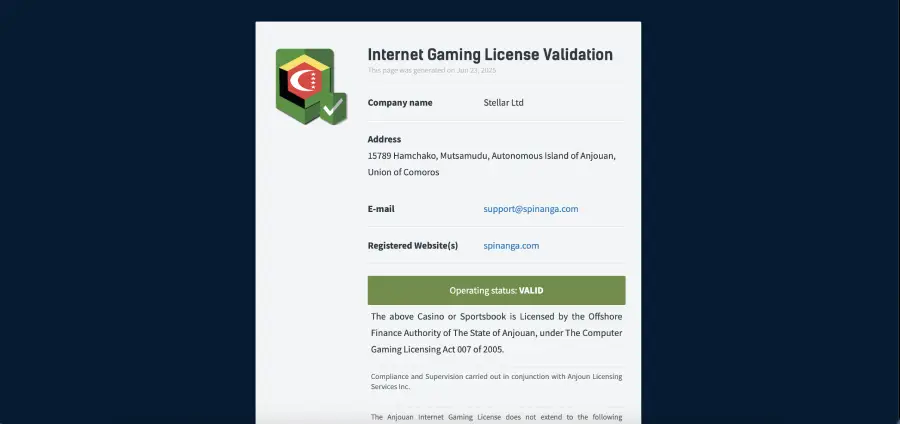 Licencia de operación de Spinanga Casino, que puedes comprobar ingresando desde el pie de página de su sitio web.