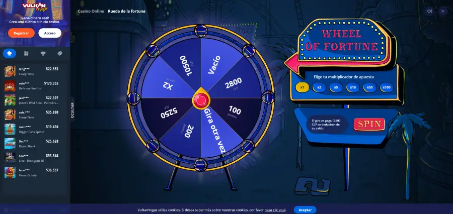 La rueda de premios de Vulkan Vegas es uno de los bonos especiales que ofrece este casino.