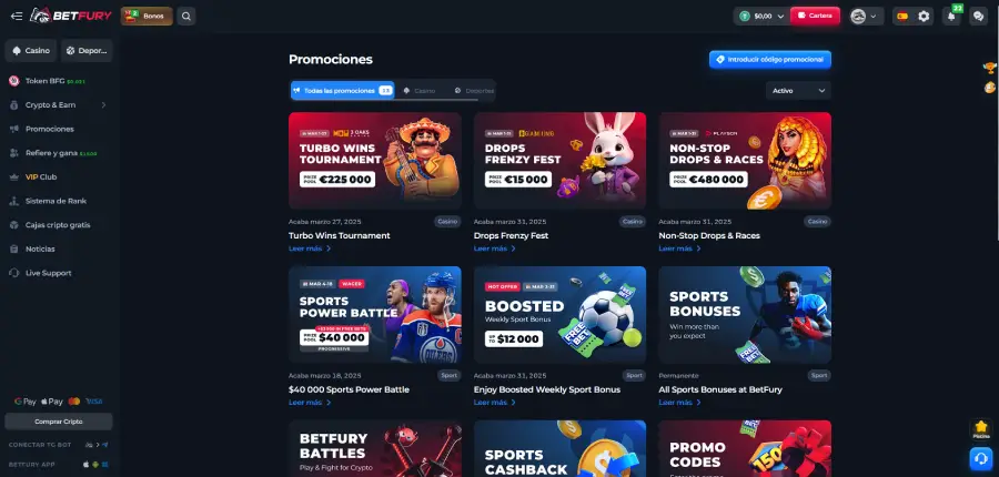 Algunos de los bonos de BetFury te permiten ganar la criptomoneda del casino (BFG)