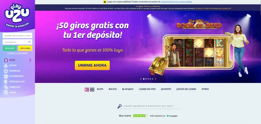 PlayUZU te permite obtener 50 free spins al hacer tu primer depósito.