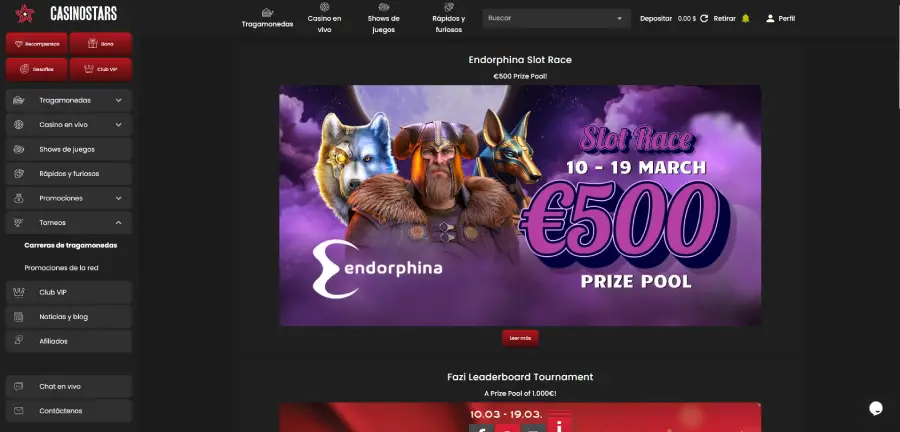 Casinostars tiene bonos y torneos que te recompensan con premios desde los €500.