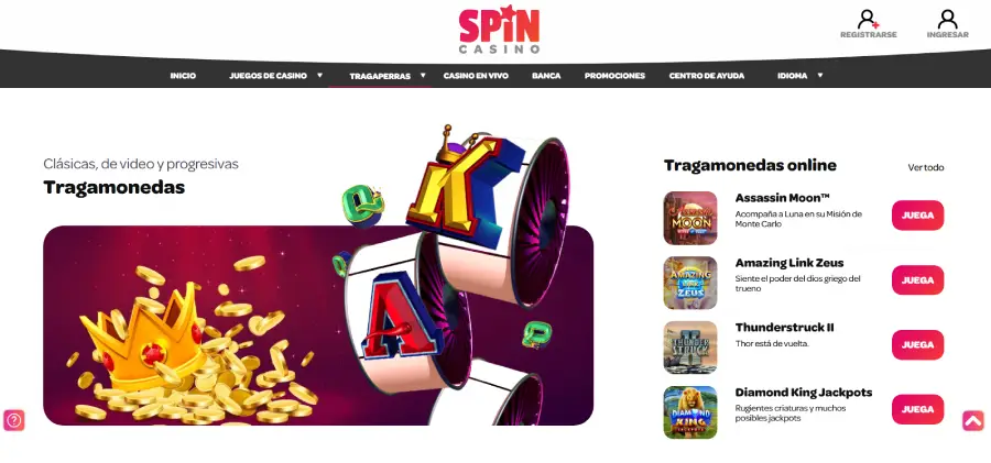 SpinCasino destaca por su variedad de tragamonedas clásicas y progresivas