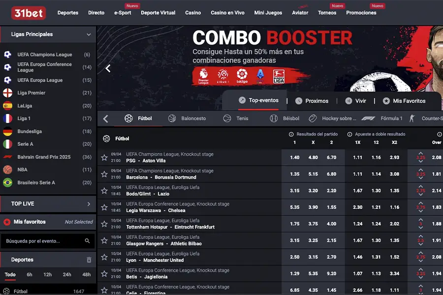 Página principal de 31Bet con la sección de apuestas deportivas en vivo. Se muestra una lista de partidos de fútbol con cuotas activas y una promoción destacada llamada “Combo Booster”.