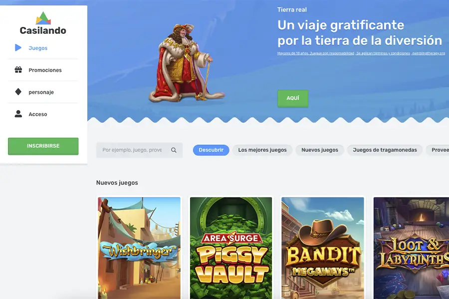 Página principal de Casilando Casino. Aparece un personaje real animado con capa roja, junto al mensaje “Un viaje gratificante por la tierra de la diversión”. Debajo se muestran juegos destacados como Wishbringer, Piggy Vault, Bandit Megaways y Loot & Labyrinths.
