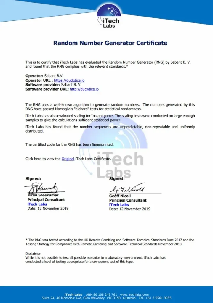 Imagen del certificado RNG de DuckDice por iTech Labs.