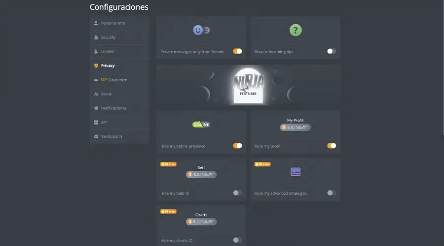 Configuraciones después de abrir una cuenta en DuckDice.