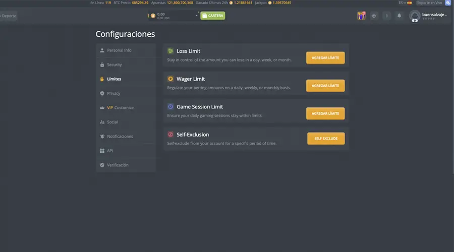 En la imagen se pueden apreciar las herramientas de Juego Responsable que ofrece DuckDice en la configuración de la cuenta.