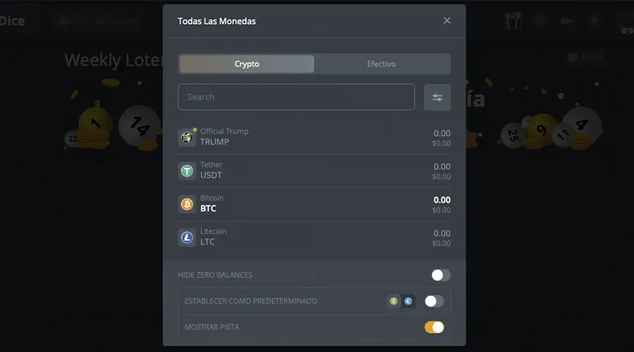 Algunas criptomonedas aceptadas en DuckDice Casino.