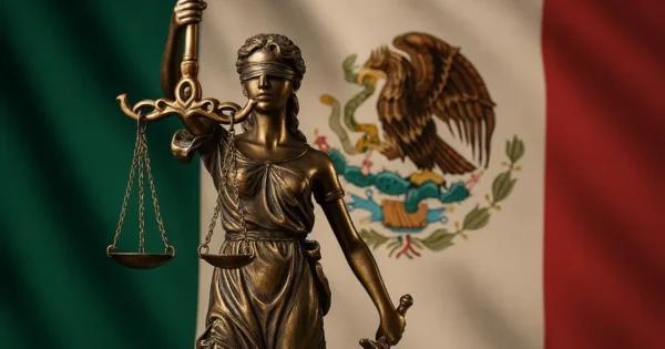 Estatua de la Dama de la Justicia frente a la bandera de México, representando la resolución de la Corte Suprema al rechazar asumir el caso sobre la legalidad de los casinos en el país.