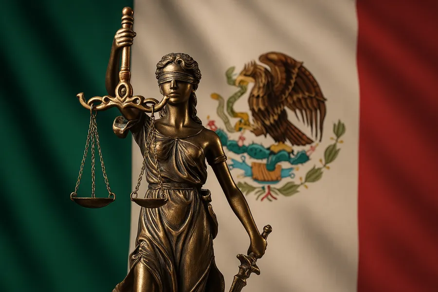 Estatua de la Dama de la Justicia frente a la bandera de México, representando la resolución de la Corte Suprema al rechazar asumir el caso sobre la legalidad de los casinos en el país.