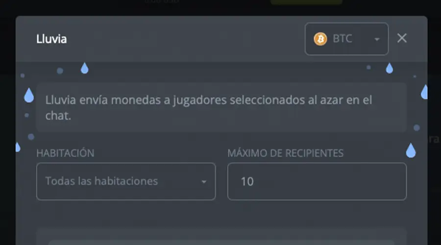 En la imagen se aprecia parte de la interfaz para activar la función de “Lluvia” en DuckDice.