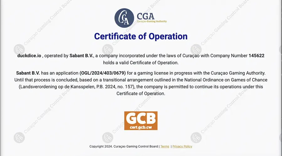La captura de pantalla muestra el certificado de operación de DuckDice, al que accedimos desde un enlace en su homepage.