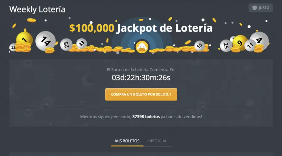 Captura de pantalla de la lotería semanal de DuckDice con 37,398 vendidos.