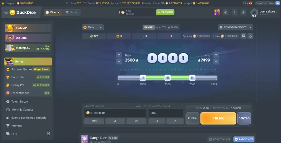 La imagen muestra la interfaz del juego Range Dice. 