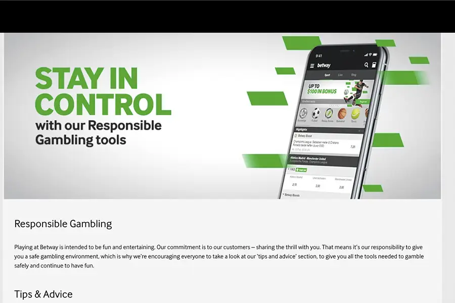 Imagen de la sección de Juego Responsable de Betway con el mensaje “Stay in control with our Responsible Gambling tools”.