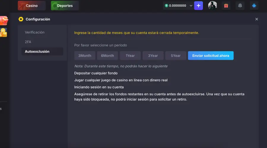 Sección de autoexclusión en Playing.io.