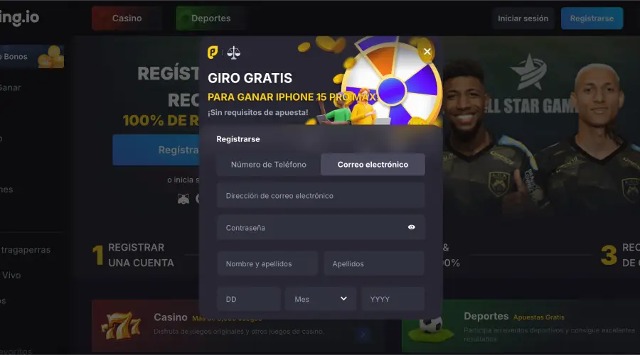 La imagen muestra la oferta para nuevos jugadores antes de registrarse en Playing.io.