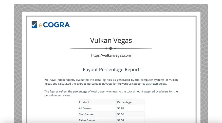 Ejemplo de certificado emitido por eCogra: Vulkan Vegas Casino.