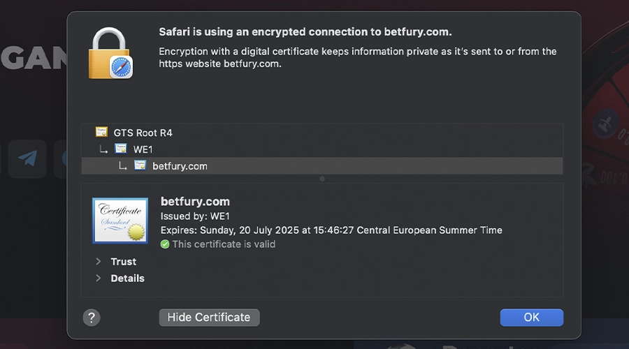 Ventana emergente con información del certificado SSL de Betfury.