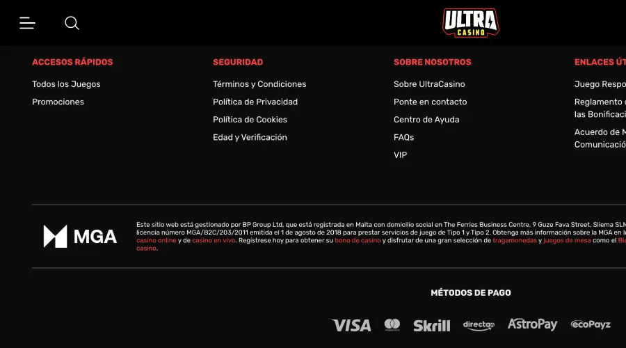 Pie de página de Ultra Casino mostrando la información pública de la licencia de la MGA.