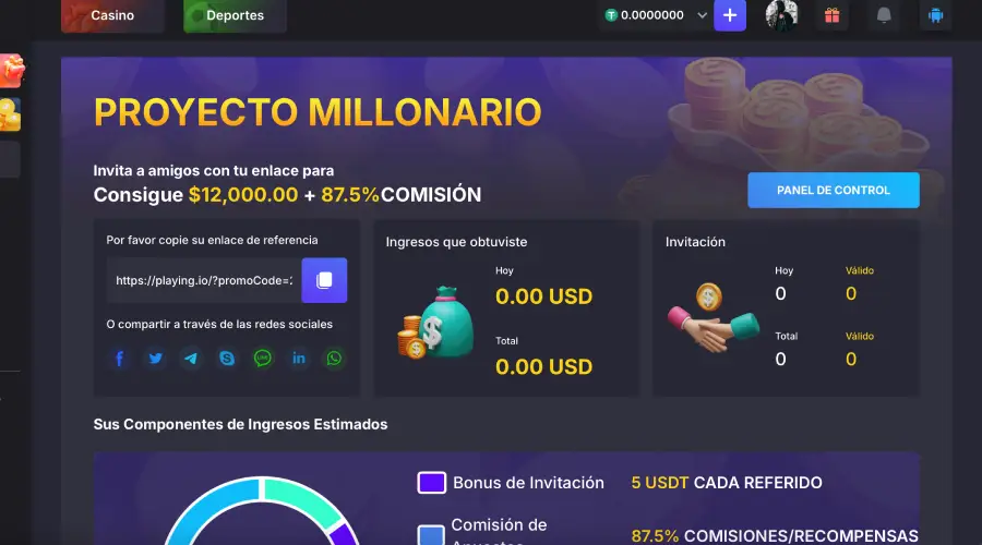 Proyecto millonario, el programa de referidos de Playing.io.