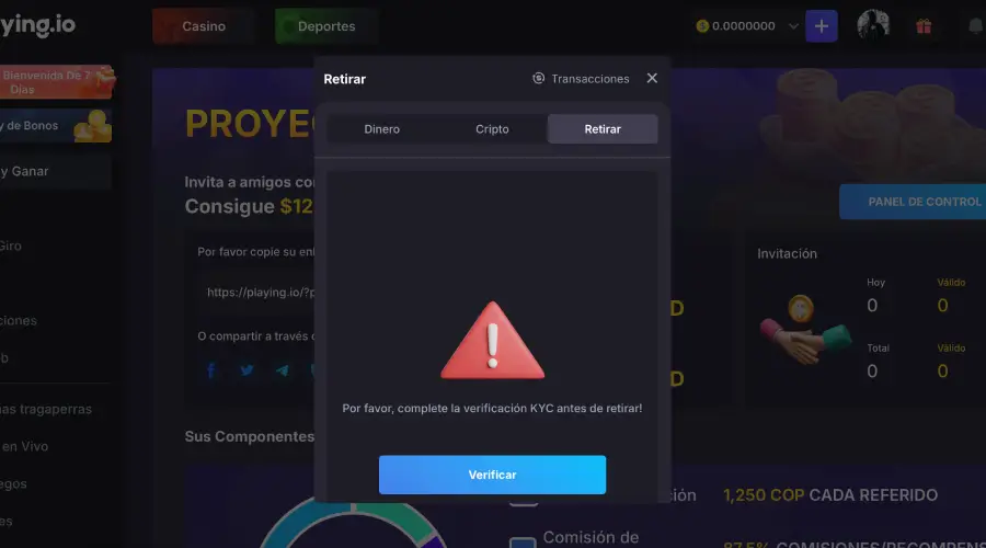 Información de retiros de Playing.io no disponible antes de depositar.