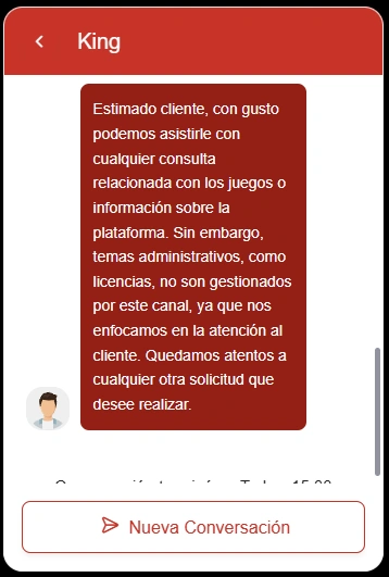 Contactamos al soporte de Juegaconelking.com para indagar más sobre la licencia de juegos de este casino.