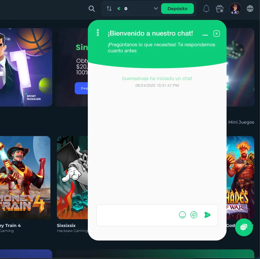 El chat en vivo del soporte de CasinOK tarda en responder.