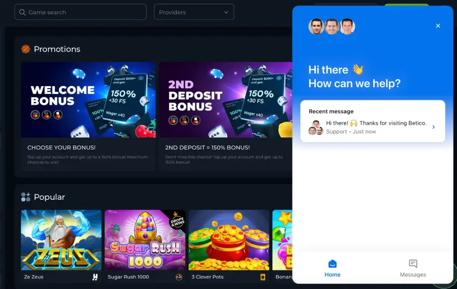 No pude comunicarme con la atención al cliente del casino Betico ni por su chat en vivo ni por correo.