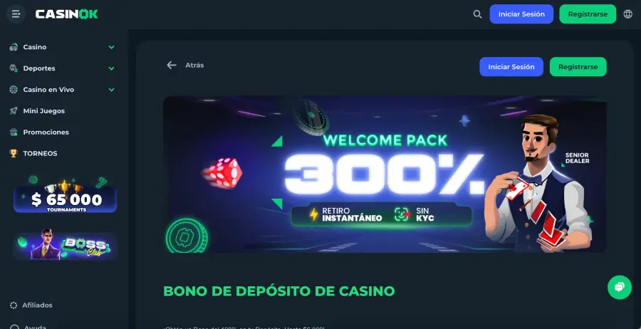 El bono de bienvenida de casino de CasinOK es hasta 300%.